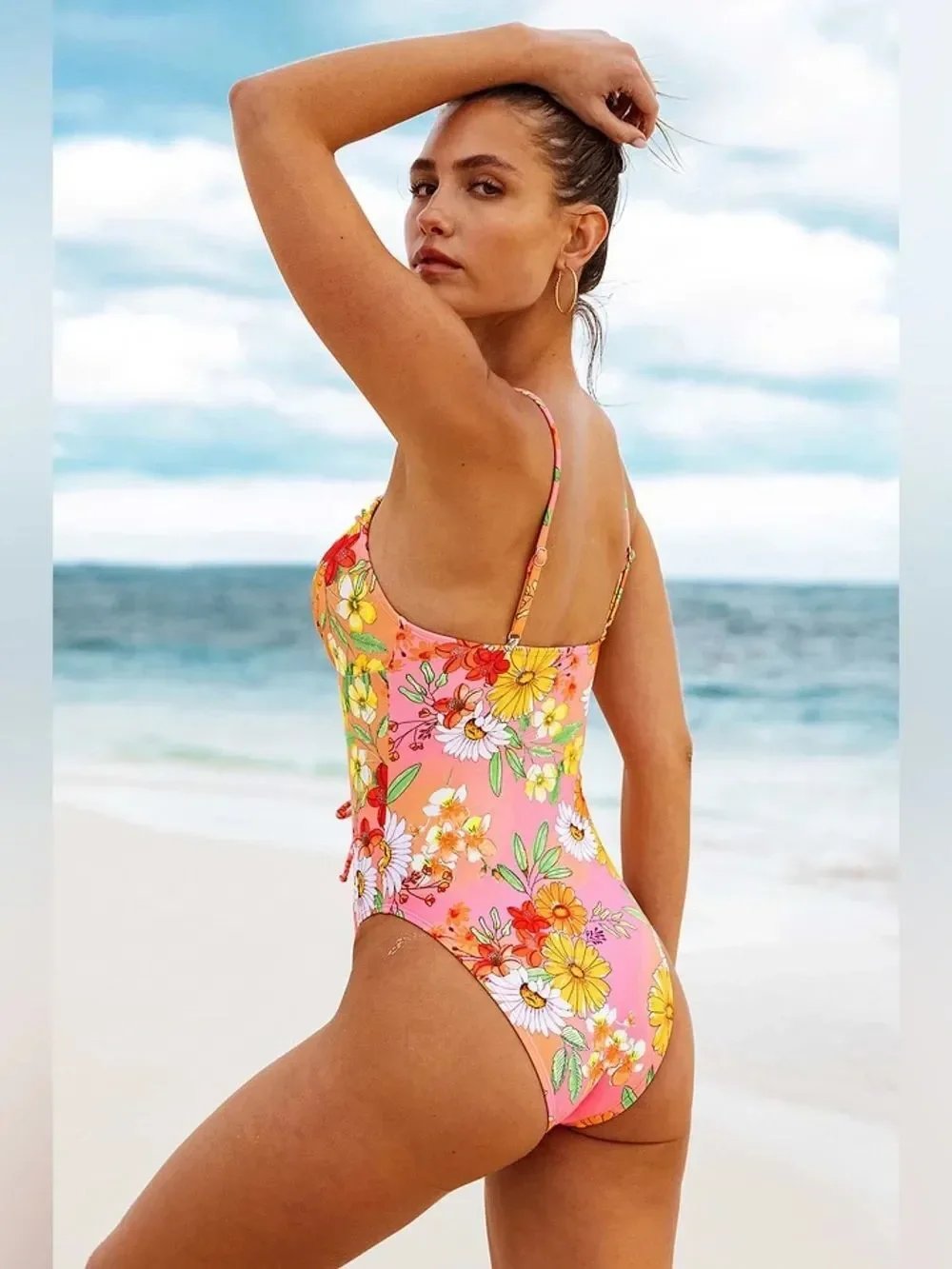 New with Tags Floral Tie-Front One-Piece Swimsuit - Pink & Orange